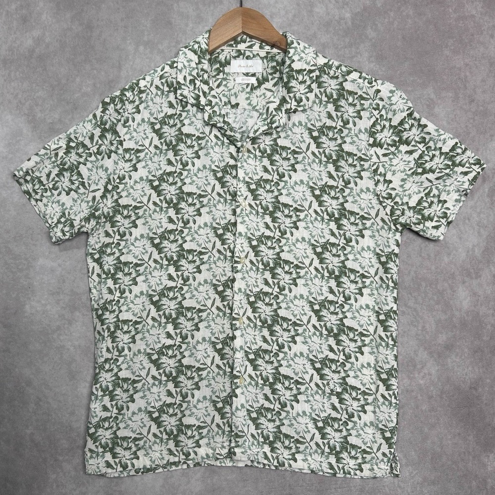 Porter and Ash Camp Shirt Mens Medium Green White Floral Linen Blend Beach Vacay